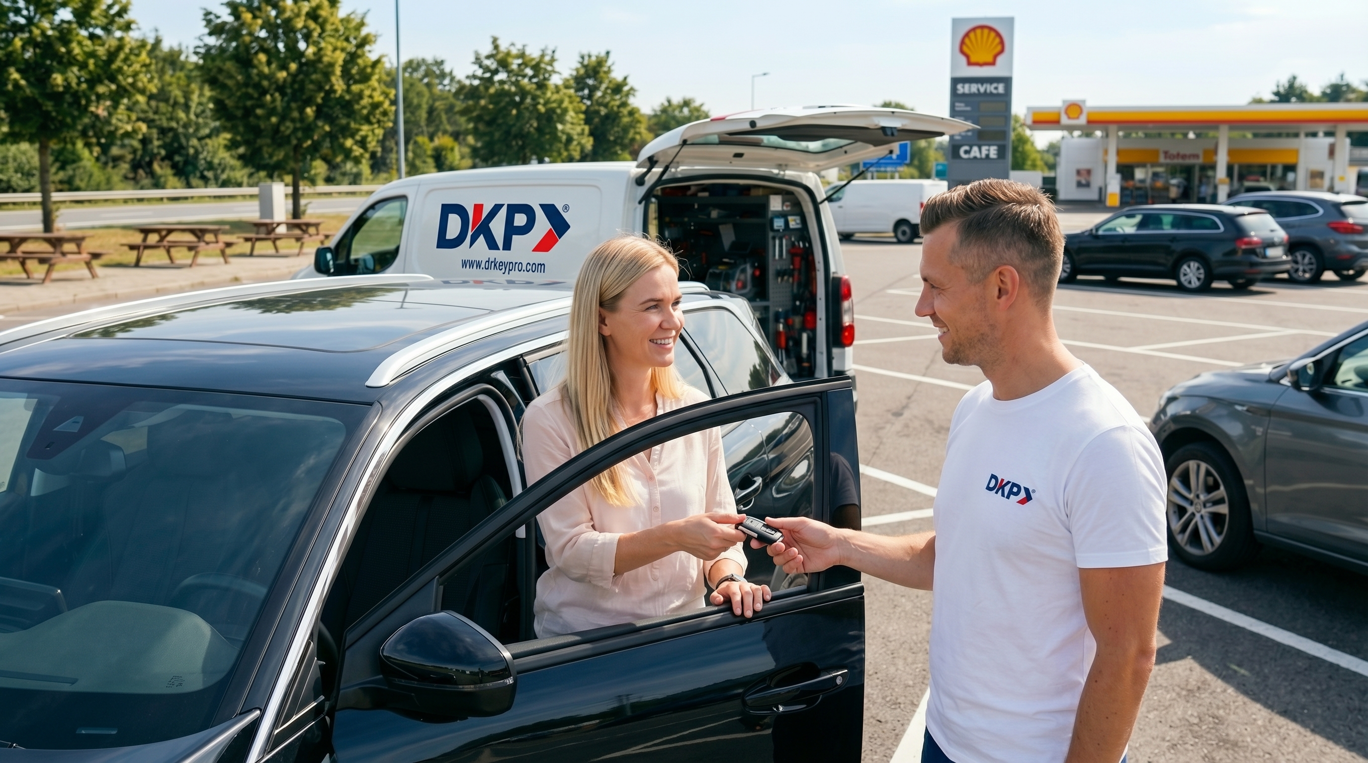 Technicien DrKeyPro remet une clé à une cliente devant son véhicule — station service